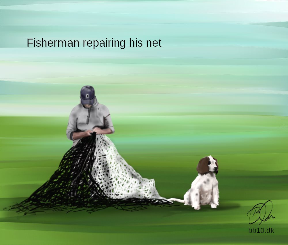 Go to Fisherman repairing his net